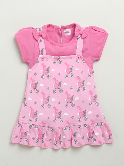 BUMZEE Pink Girls Half Sleeves Cotton Knee Length Frock