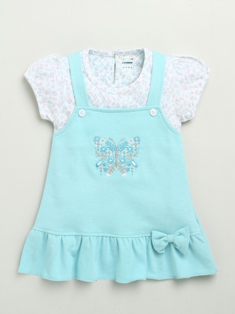 BUMZEE Aqua & White Girls Half Sleeves Cotton Knee Length Frock