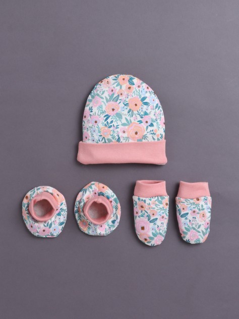 BUMZEE Beige & Peach Girls Cotton Cap Mitten Bootie Set