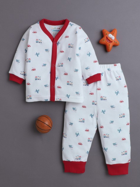 BUMZEE White Baby Boys Full Sleeves Jabla & Pyjama Set