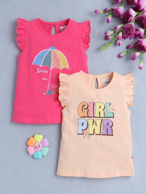 BUMZEE Peach & Pink Girls Sleeveless T-Shirt Pack Of 2