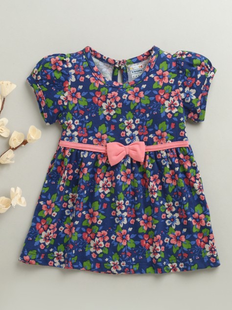 BUMZEE Navy Girls Half Sleeves Cotton Knee Length Frock