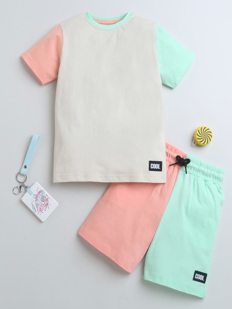 BUMZEE Beige & Green Boys Half Sleeves T-Shirt & Short Set