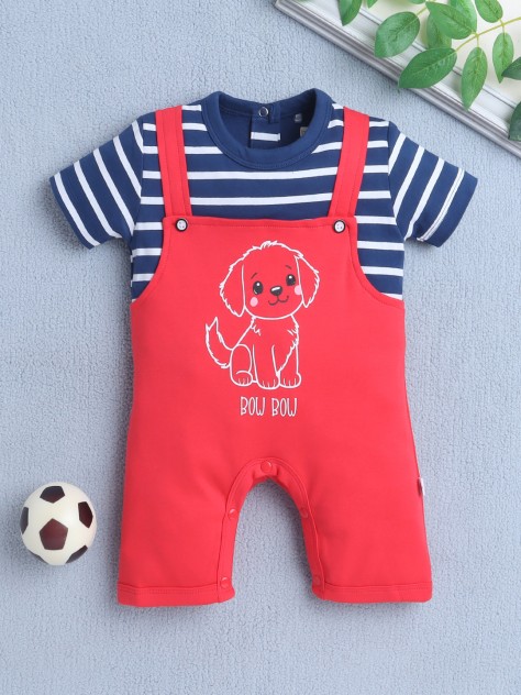 BUMZEE Red & Navy Boys Half Sleeves Thigh Length Romper
