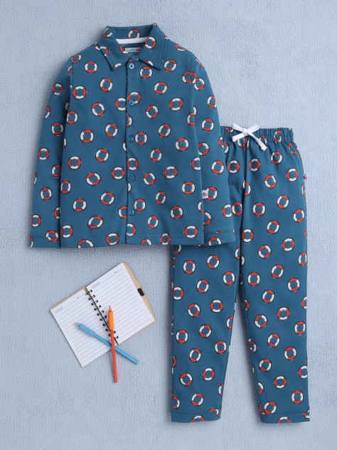 BUMZEE Teal Boys Full Sleeves Cotton Night Suit