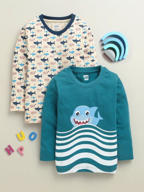 BUMZEE Beige & Teal Boys Full Sleeves Cotton T-Shirts Pack Of 2