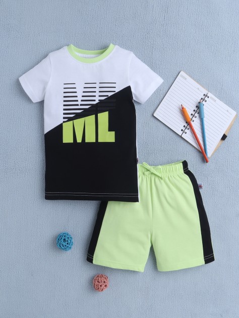 BUMZEE White & Green Boys Half Sleeves T-Shirt & Short Set