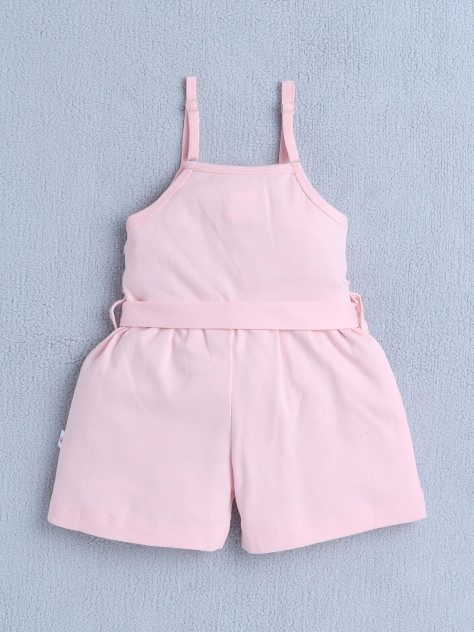 BUMZEE Baby Pink Girls Sleeveless Cotton Jumpsuit With Belt