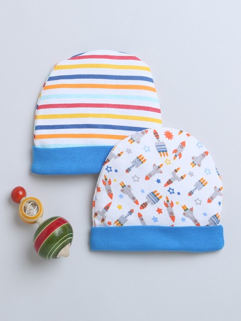 BUMZEE Multi & White Baby Boys Round Cap Pack Of 2