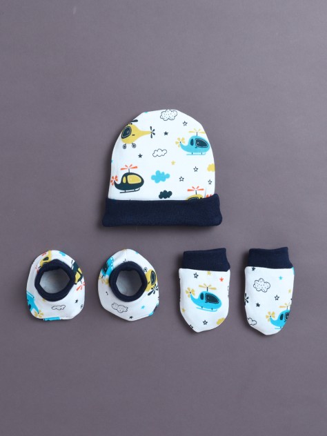 BUMZEE White & Navy Boys Cotton Cap Mitten Bootie Set