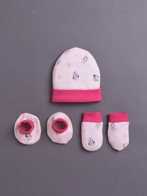 BUMZEE Peach & Pink Girls Cotton Cap Mitten Bootie Set
