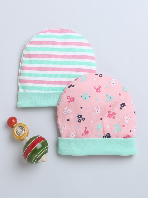 BUMZEE Mint Green & Peach Baby Girls Round Cap Pack Of 2