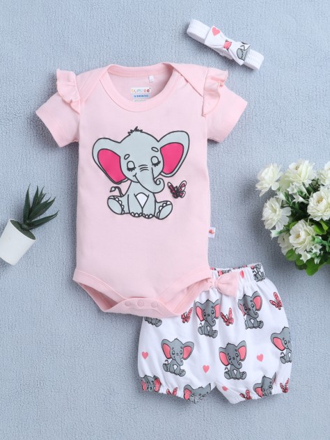 BUMZEE Pink & White Girls Half Sleeves Bodysuit & Short Set With Headband