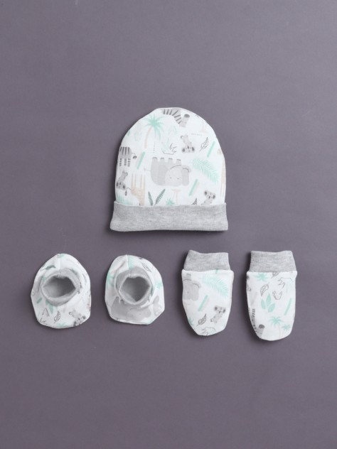 BUMZEE White & Grey Boys Cotton Cap Mitten Bootie Set