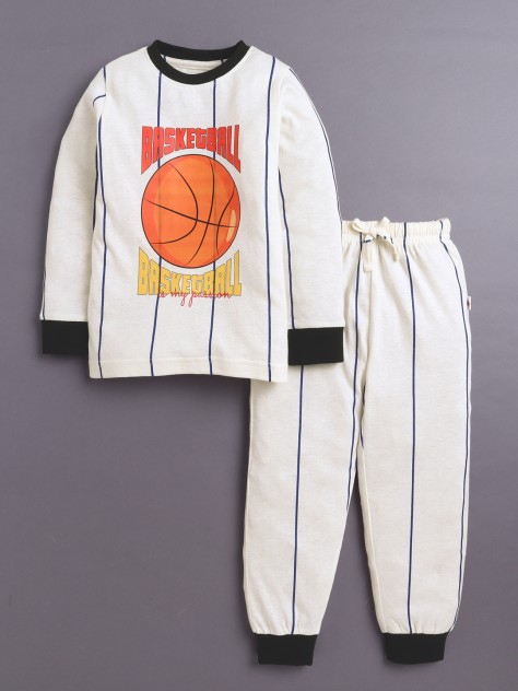 BUMZEE Cream Boys Full Sleeves Cotton T-Shirt & Pyjama Set