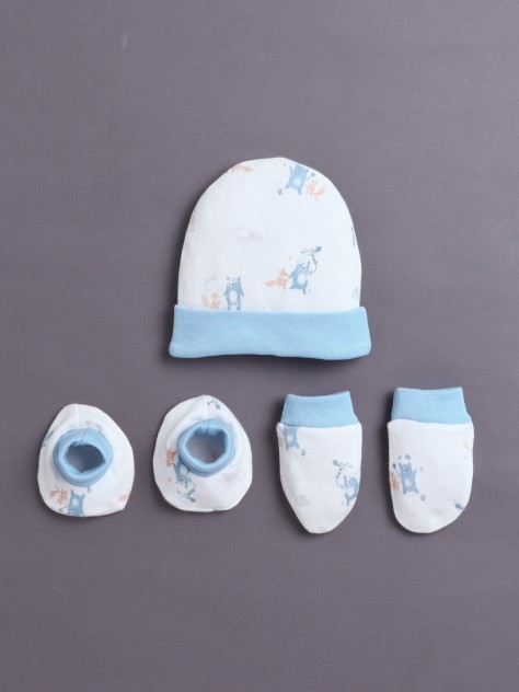 BUMZEE White & Sky Blue Boys Cotton Cap Mitten Bootie Set