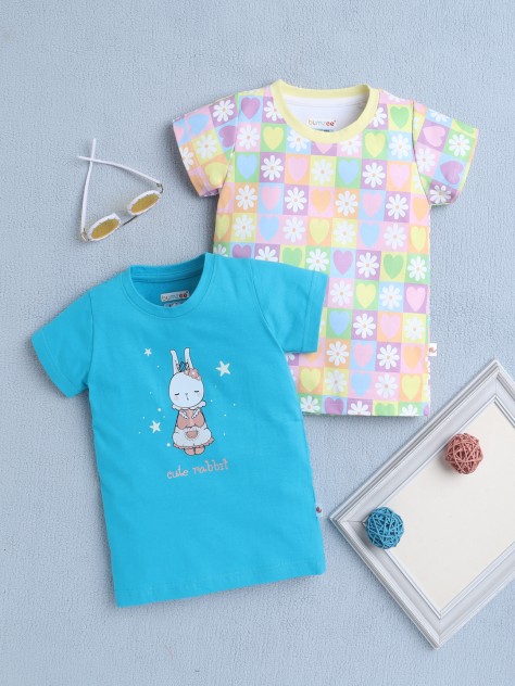 BUMZEE Blue & Multi Girls Half Sleeves T-Shirt Pack Of 2