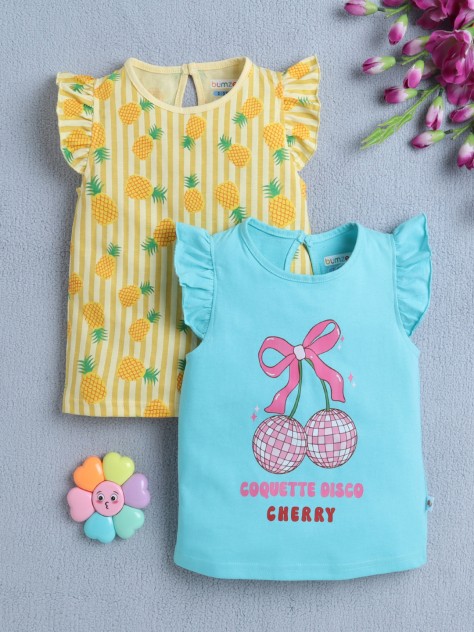 BUMZEE Blue & Yellow Girls Cap Sleeves T-Shirt Pack Of 2
