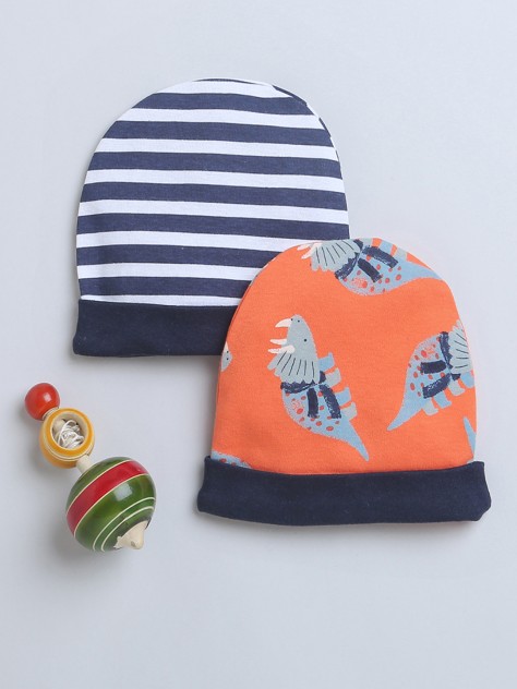BUMZEE Navy & Orange Baby Boys Round Cap Pack Of 2