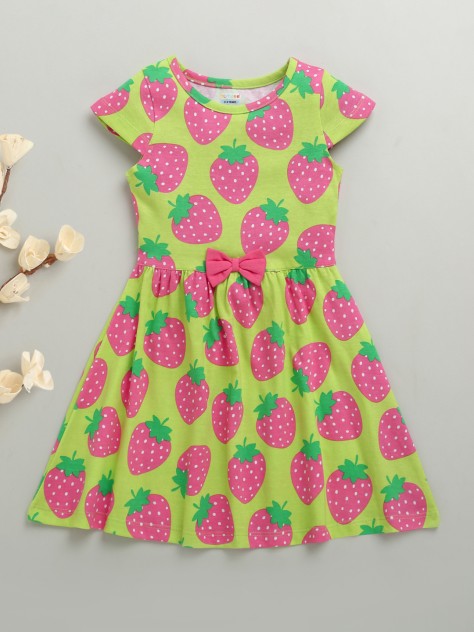BUMZEE Green Girls Cap Sleeves Cotton Knee Length Frock