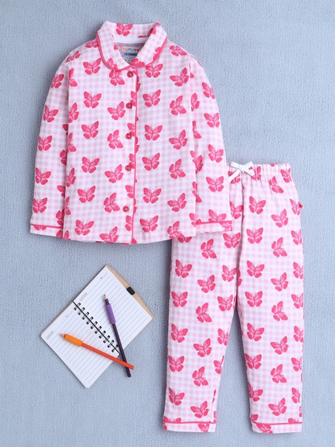 BUMZEE Pink Girls Full Sleeves Cotton Night Suit