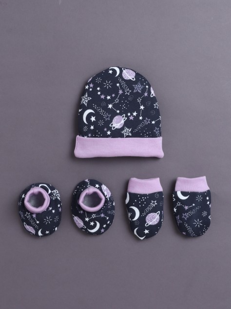BUMZEE Navy & Lilac Girls Cotton Cap Mitten Bootie Set