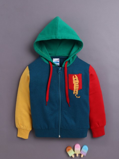 BUMZEE Blue Boys Full Sleeves Cotton Hooded Zipper Sweatshirt