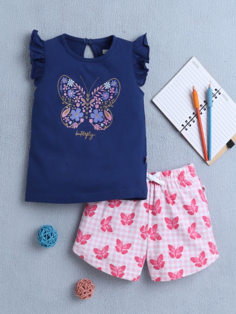 BUMZEE Navy & Pink Girls Sleeveless T-Shirt & Short Set