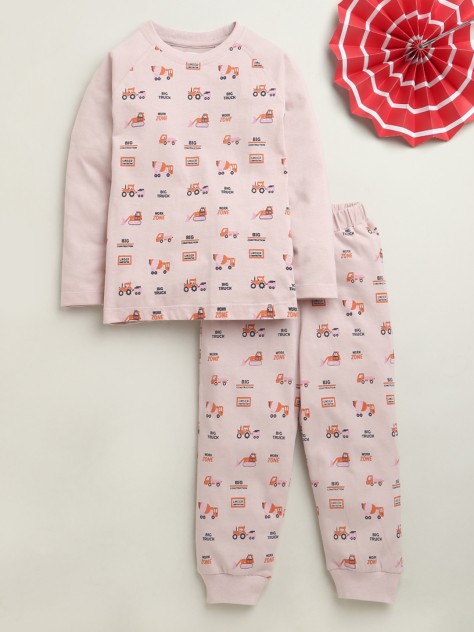 BUMZEE Dusty Pink Boys Full Sleeves Cotton T-Shirt & Pyjama Set