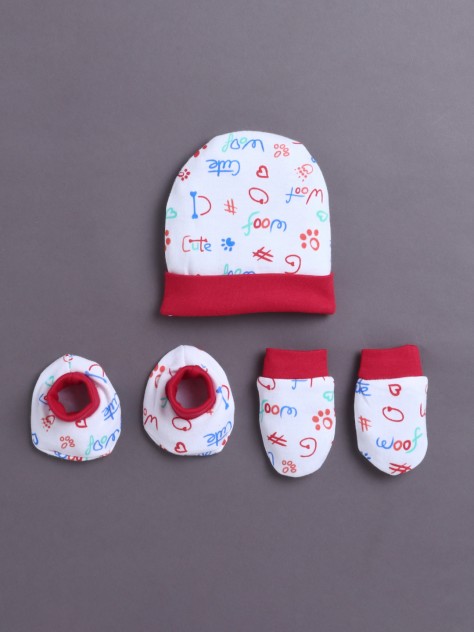 BUMZEE White & Red Boys Cotton Cap Mitten Bootie Set