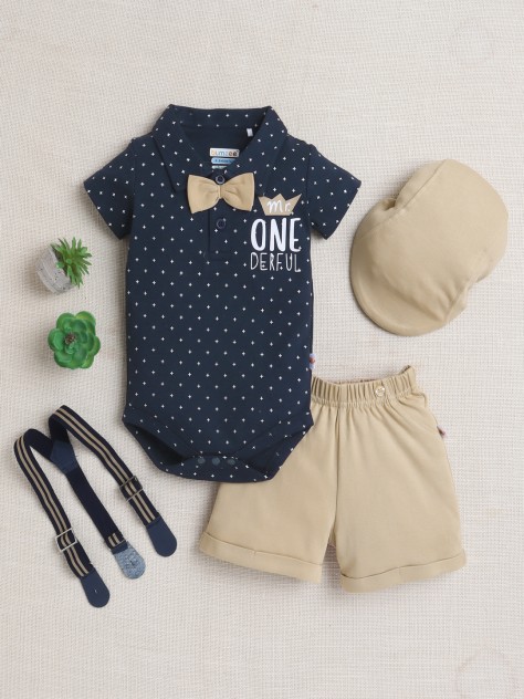 BUMZEE Navy & Beige Boys Half Sleeves Bodysuit & Short Set With Bow Suspender & Cap