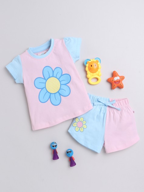 BUMZEE Sky Blue & Pink Girls Cap Sleeves T-Shirt & Short Set