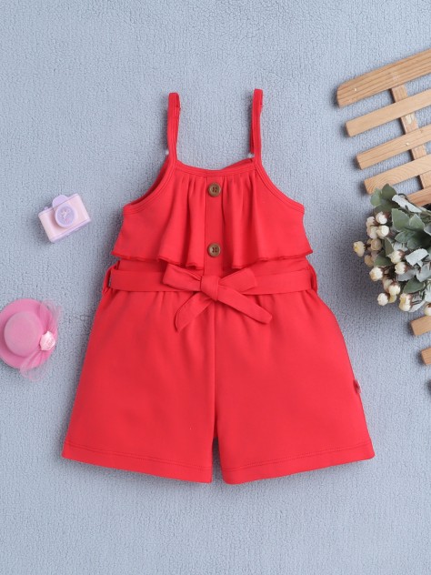 BUMZEE Red Girls Sleeveless Cotton Jumpsuit With Belt