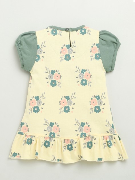 BUMZEE Yellow & Green Girls Half Sleeves Cotton Knee Length Frock
