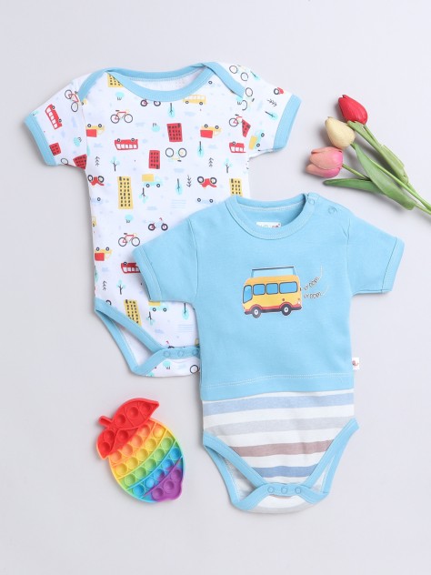 BUMZEE Blue & White Boys Half Sleeves Bodysuit Pack Of 2
