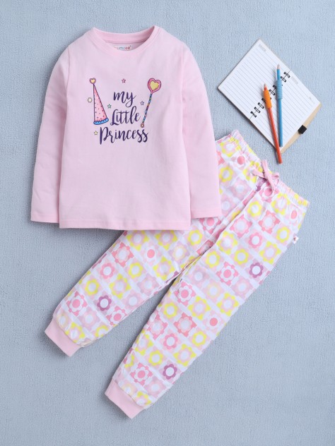BUMZEE Baby Pink & White Girls Full Sleeves T-Shirt & Pyjama Set