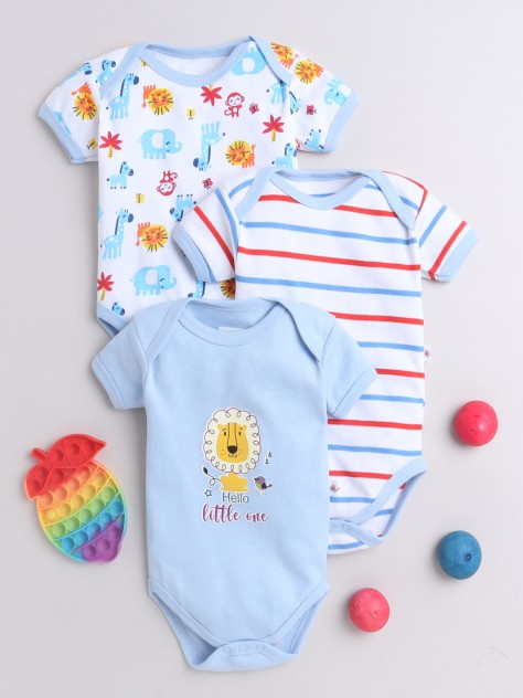 BUMZEE Sky Blue & White Boys Half Sleeves Bodysuit Pack Of 3