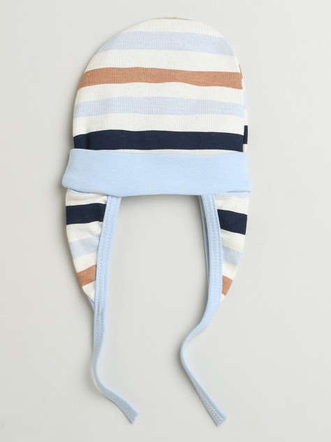 BUMZEE Sky Blue & Cream Baby Boys Ear Flap Tying Cap Pack Of 2