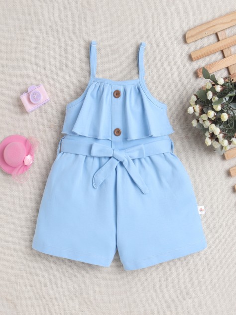 BUMZEE Sky Blue Girls Sleeveless Cotton Jumpsuit With Belt