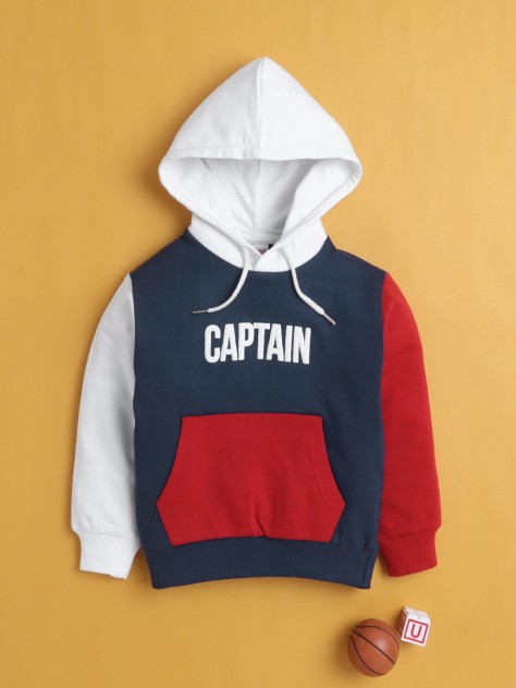 BUMZEE Navy & Red Boys Full Sleeves Cotton Hooded Sweatshirt