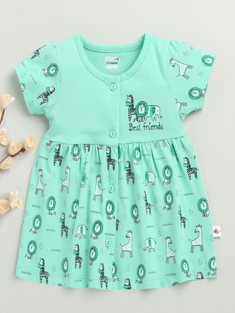 BUMZEE Green Girls Cap Sleeves Cotton Knee Length Frock
