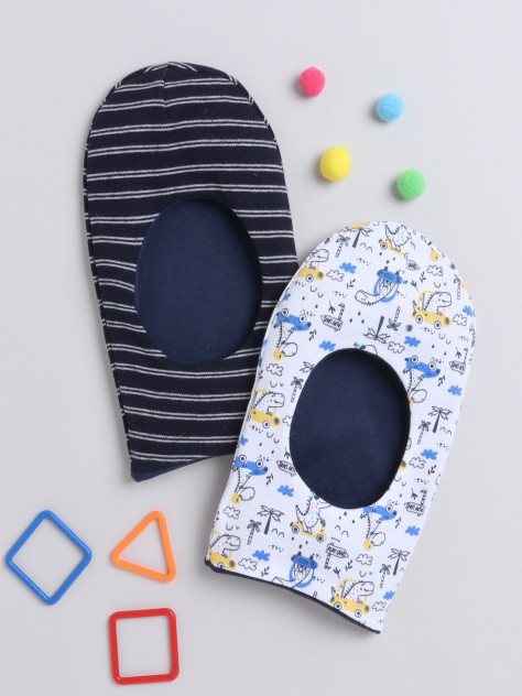 BUMZEE Navy & White Boys Cotton Reversible Monkey Cap Pack Of 2