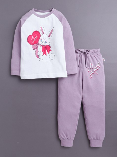 BUMZEE Lavender & White Girls Full Sleeves Cotton T-Shirt & Pyjama Set