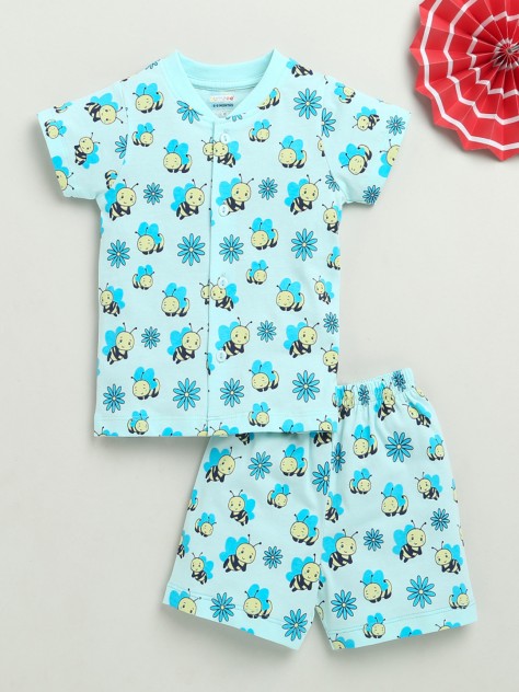 BUMZEE Sky Blue Baby Boys Half Sleeves Jabla & Short Set