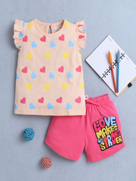 BUMZEE Peach & Pink Girls Sleeveless T-Shirt & Short Set