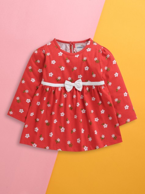 BUMZEE Red Girls Full Sleeves Cotton Knee Length Frock