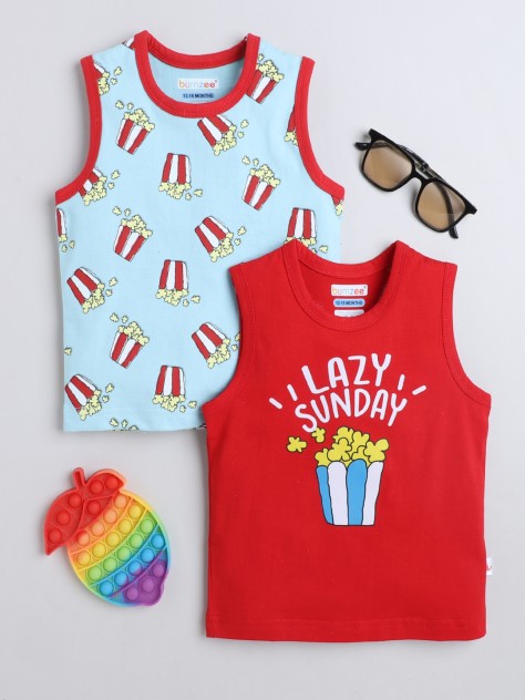 BUMZEE Sky Blue & Red Boys Sleeveless T-Shirts Pack Of 2
