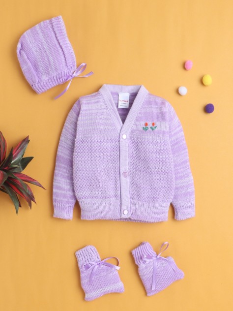 BUMZEE Lavender Baby Girls Full Sleeves Acrylic Blend Sweater With Cap & Socks
