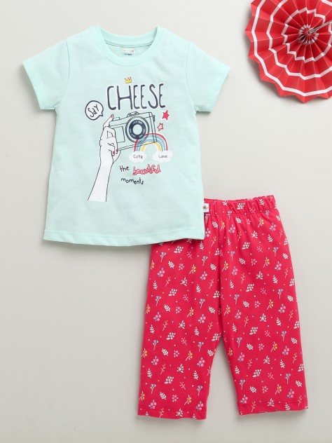 BUMZEE Pink & Mint Green Girls Half Sleeves T-Shirt & Capri Set