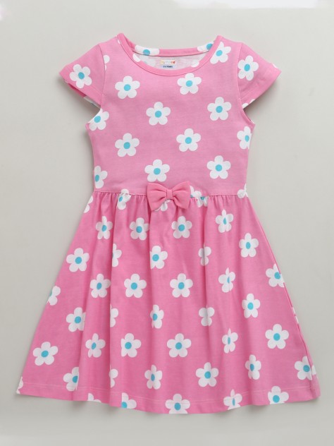 BUMZEE Pink Girls Cap Sleeves Cotton Knee Length Frock